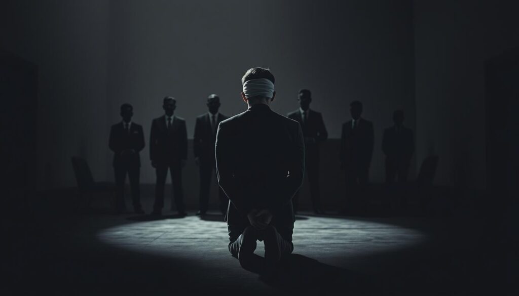 Accountability for torture: A stark and somber scene. In the foreground, a blindfolded figure kneels, hands bound behind their back, symbolizing the powerlessness and dehumanization of the victim. Behind them, shadowy figures in suits and ties, representing the authorities who perpetuated and covered up the torture. The lighting is stark and harsh, casting long, ominous shadows that convey the gravity of the situation. The background is a bleak, institutional setting - a courtroom, perhaps, or a government building - hinting at the façade of legality that has shielded the perpetrators from justice. The overall mood is one of despair, outrage, and the heavy weight of unaccountability. Accountability for torture: A stark and somber scene. In the foreground, a blindfolded figure kneels, hands bound behind their back, symbolizing the powerlessness and dehumanization of the victim. Behind them, shadowy figures in suits and ties, representing the authorities who perpetuated and covered up the torture. The lighting is stark and harsh, casting long, ominous shadows that convey the gravity of the situation. The background is a bleak, institutional setting - a courtroom, perhaps, or a government building - hinting at the façade of legality that has shielded the perpetrators from justice. The overall mood is one of despair, outrage, and the heavy weight of unaccountability.
