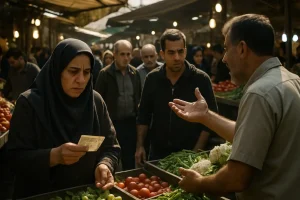 Iran Economic Crisis reflected in a crowded market where shoppers compare food prices