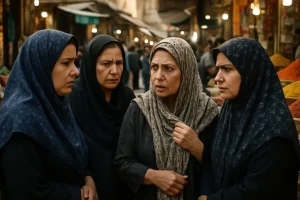 Iran Gender Sanctions analysis with women walking past shuttered shops in Tehran