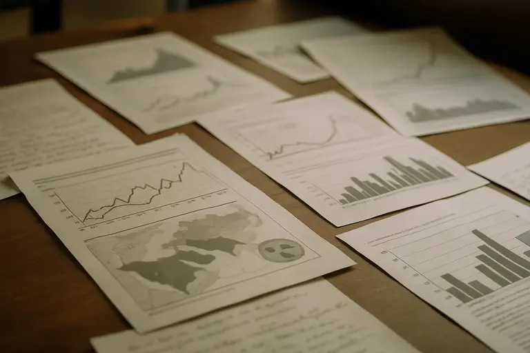 Printed economic charts and notes spread across a desk